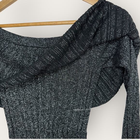 Keepsake Metallic Reflections Knit Sheath Dress | Small | Black Off the Shoulder - Picture 9 of 11